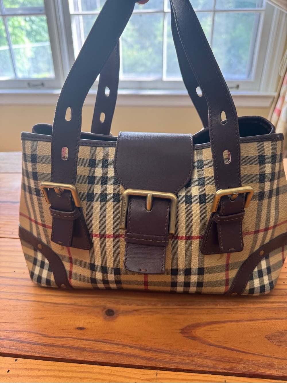 Vintage Burberry Haymarket Plaid Tote Big Buckle Leather Trim Authenticated